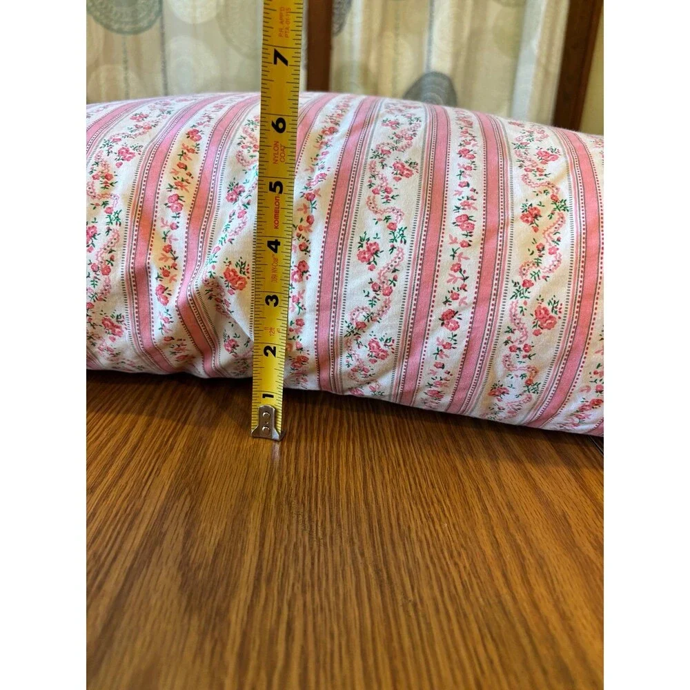 Vintage feather down pillow Harris bluprint ticking floral white pink stripes